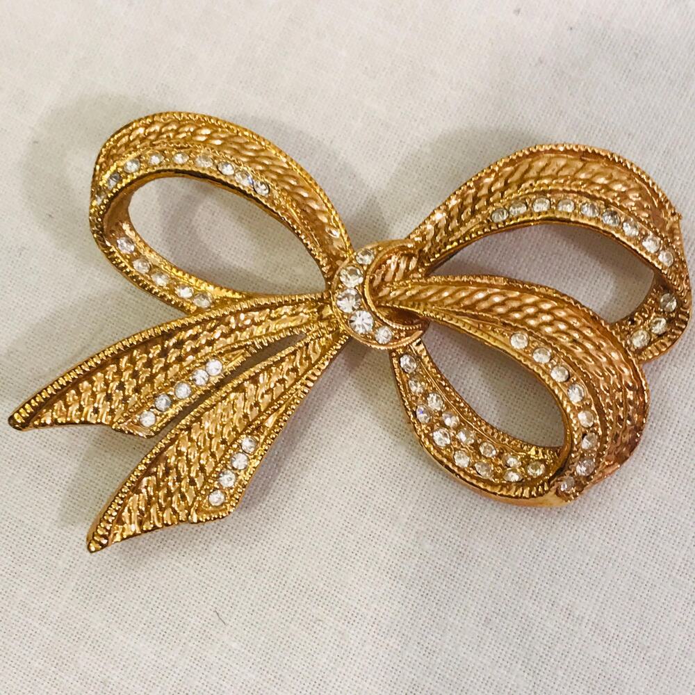 Vintage Signed ROMAN Gold Tone Brooch Pin Bow with Rhinestones- Vintage Designer